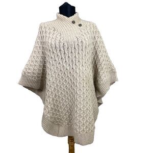 Aran Mor 100% Merino Wool Ireland Poncho Sweater Cable Knit button neck M/L